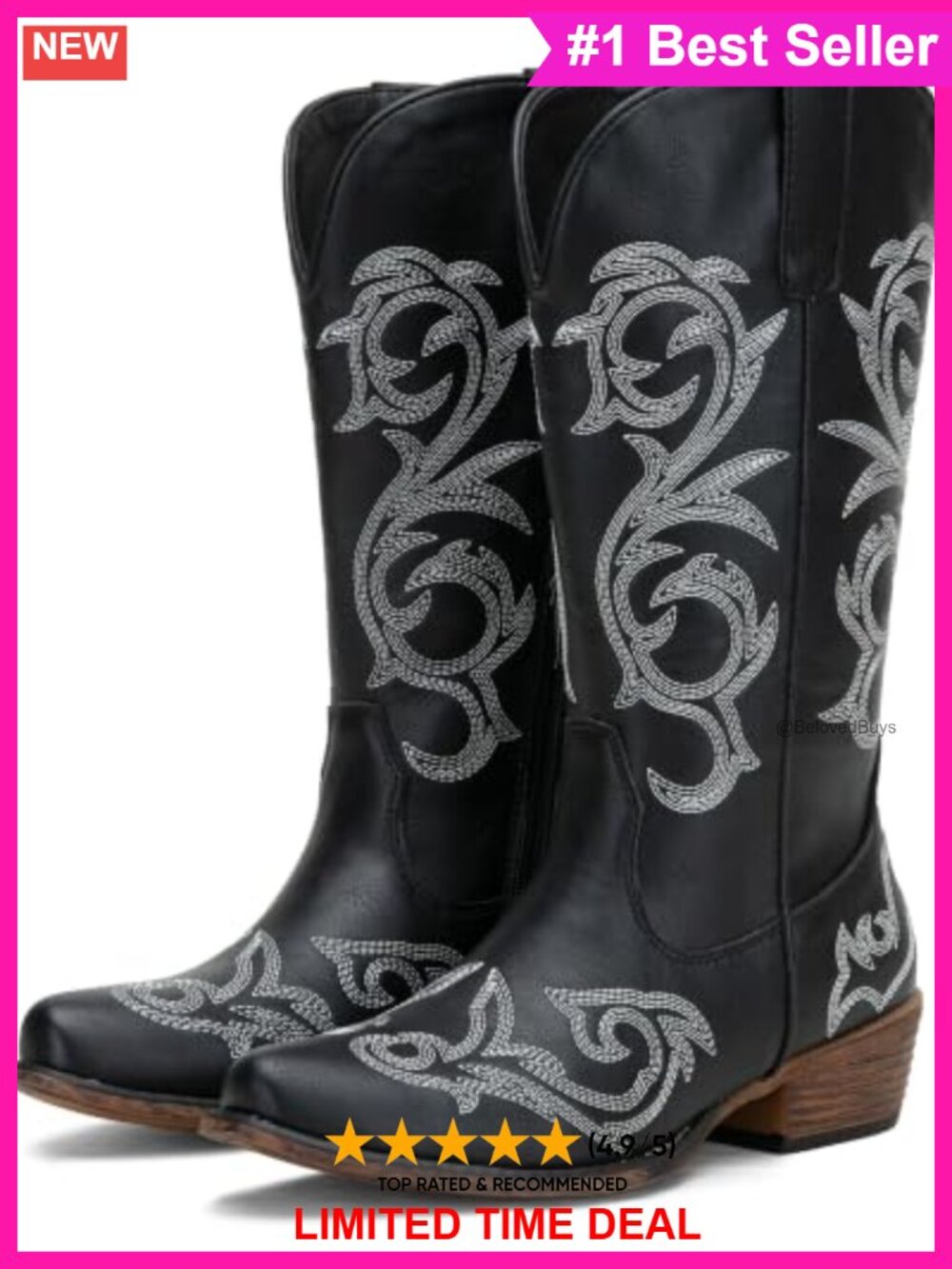 Wide Calf Cowboy Boots Faux Leather Embroidered Mid Calf Western Zip